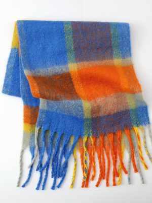 Women’s Rainbow Plaid Cashmere-like Mohair Scarf, Thickened Tassel Shawl