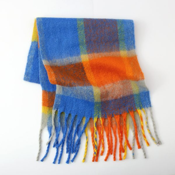 Women’s Rainbow Plaid Cashmere-like Mohair Scarf, Thickened Tassel Shawl