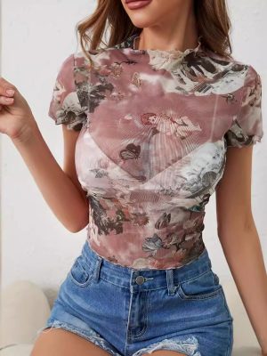 Elegant Mesh Floral Print Short Sleeve T-Shirt for Women