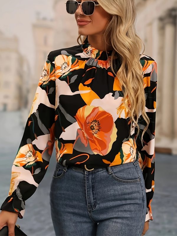 Spring Floral Print Chiffon Long Sleeve Pullover Shirt - Image 2