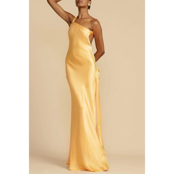 Women's Slim-Fit Oblique Shoulder Satin Party Dress - Image 2