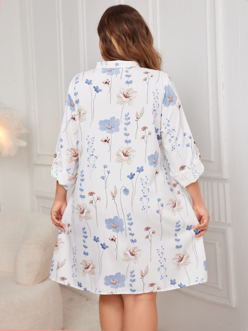 Plus Size White Printed Loose Mid-Length Dress for Spring - Image 2