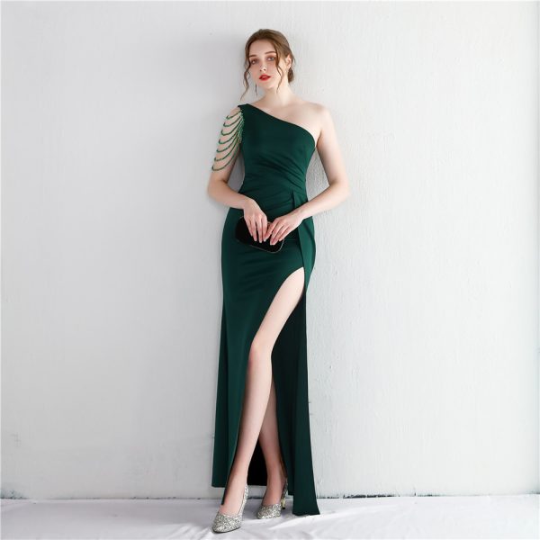 Satin Beaded One-Shoulder Fishtail Gala Dinner Dress - Image 3