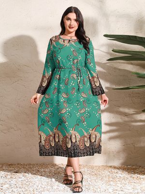 Plus Size Ethnic Cashew Print Loose Maxi Dress with Long Sleeves