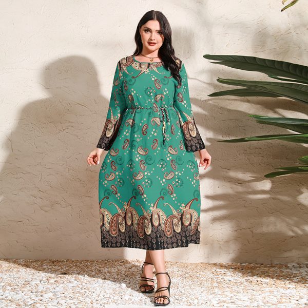 Plus Size Ethnic Cashew Print Loose Maxi Dress with Long Sleeves