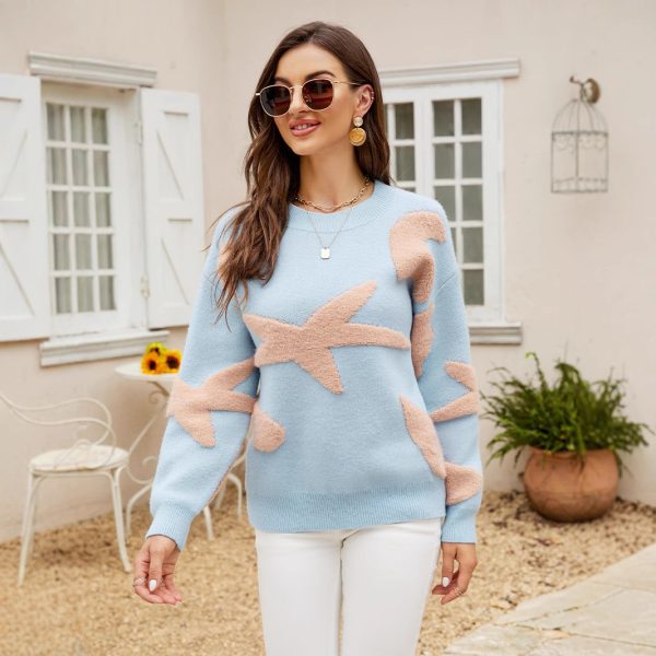 Sweet Fresh Contrast Color Starfish Jacquard Sweater - Image 2