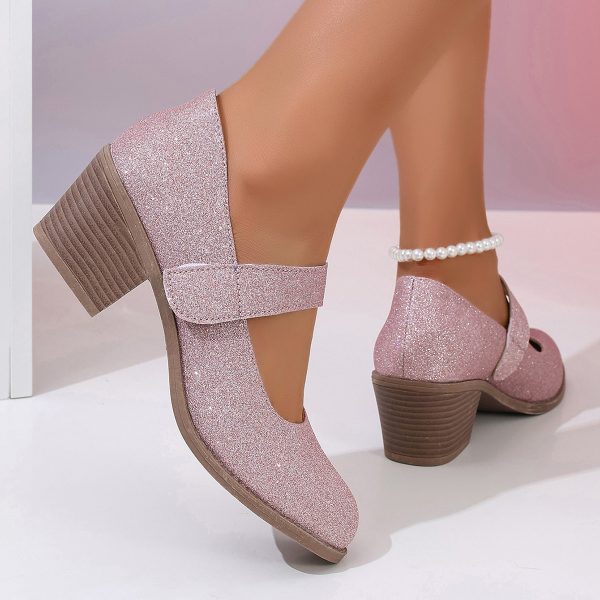 Pink Chunky Heel High Heel Pumps with Velcro Women’s Shoes - Image 3