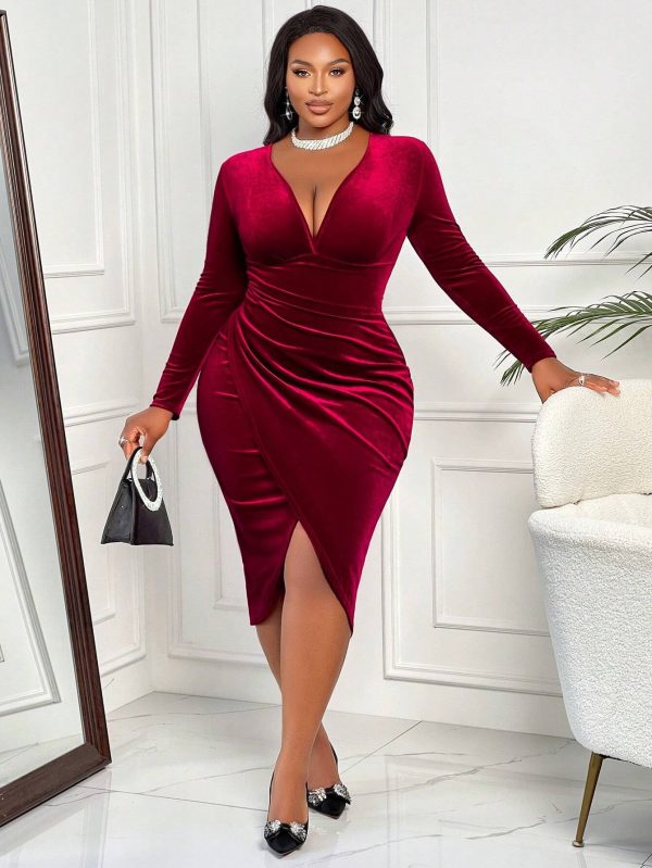 Women’s V-Neck Wine Red Midi Dress for Autumn Winter - Image 3