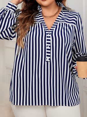 Plus Size Blue White Striped Polo Collar Office Shirt