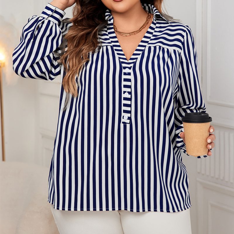 Plus Size Blue White Striped Polo Collar Office Shirt