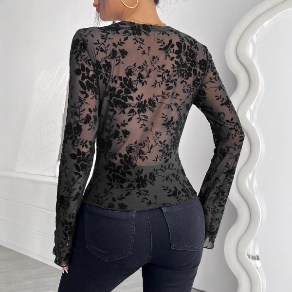 V-Neck Lace Mesh Flare Sleeve Top for Women - Spring Fashion - Image 2