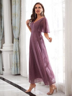 Women’s V-Neck Ruffle Evening Bridesmaid Party Dress