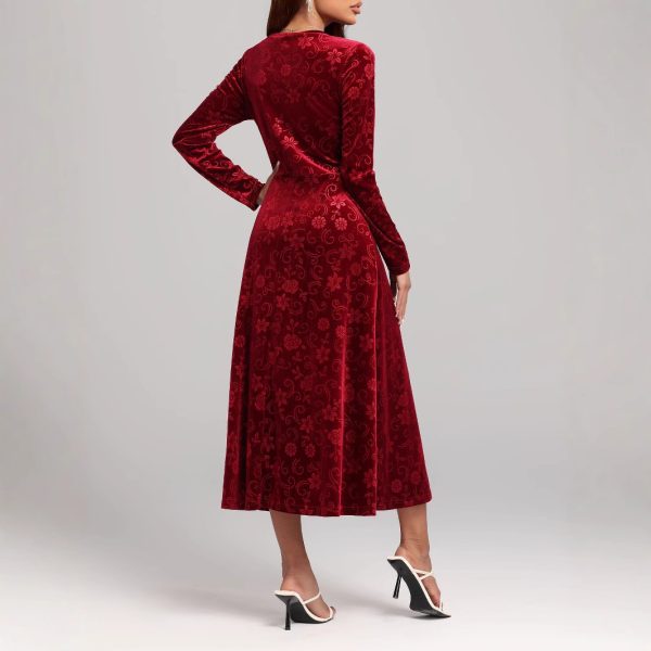 Autumn Winter V-Neck Printed Velvet Dress - Image 3