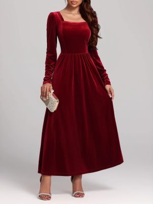 Autumn Winter Red Pleuche Evening Maxi Dress