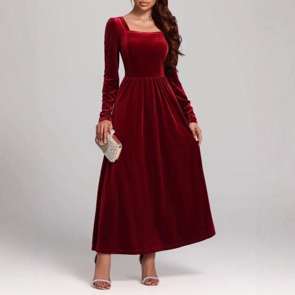 Autumn Winter Red Pleuche Evening Maxi Dress