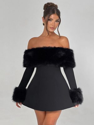 Sexy Fur Collar Off-Shoulder Slim A-Line Dress for Autumn Winter