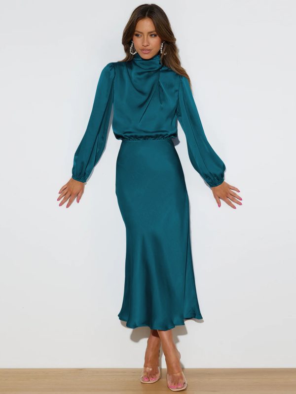 Women’s Elegant High-Grade Satin Long Sleeve Dress - Image 4