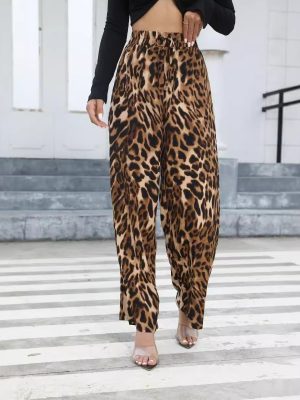 Women’s Casual Leopard Print High Waist Wide Leg Trousers