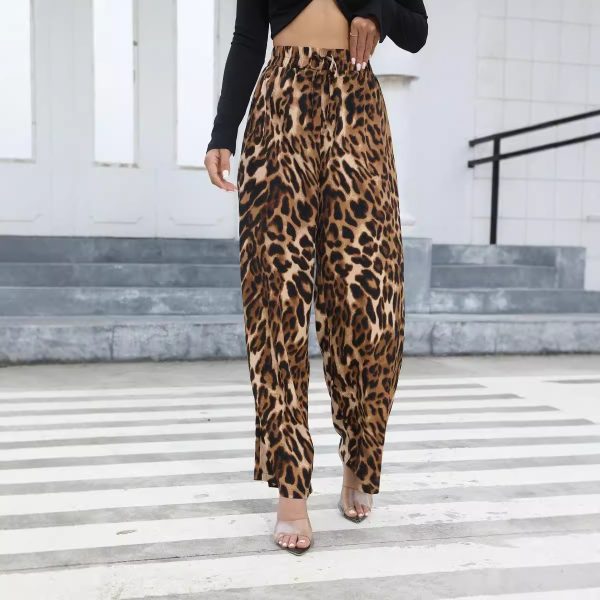 Women’s Casual Leopard Print High Waist Wide Leg Trousers