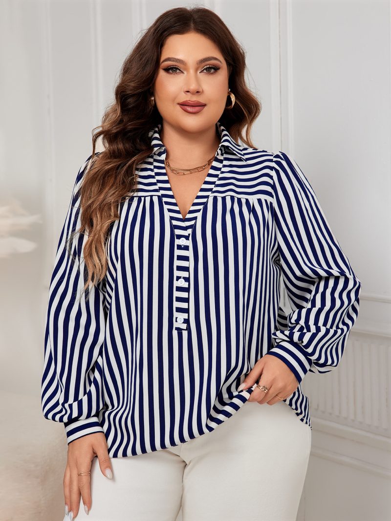 Plus Size Blue White Striped Polo Collar Office Shirt - Image 3