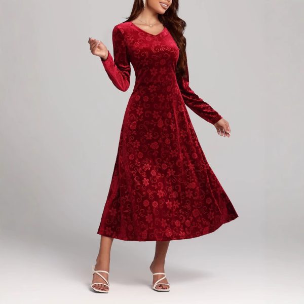 Autumn Winter V-Neck Printed Velvet Dress - Image 2