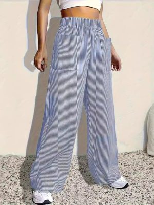 Women Stripes Printed Elastic Waist Wide Leg Pants Casual Loose Fit