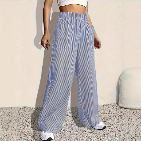 Women Stripes Printed Elastic Waist Wide Leg Pants Casual Loose Fit