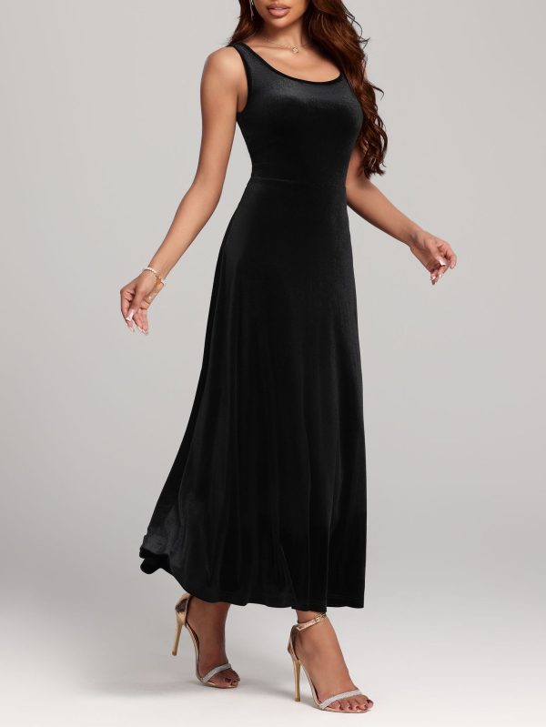 Autumn Winter Mid-Length Sleeveless Little Black Velvet Dress - Image 3