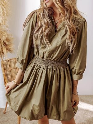 Spring Collared Shirt Dress with Elastic Waist & Long Sleeves