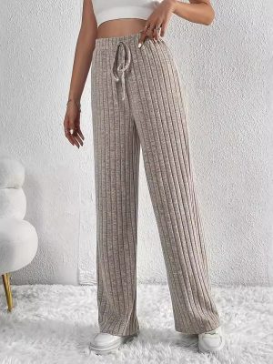 Women Casual Loose Elastic Waist Rib Knitted Sunken Stripe Pants