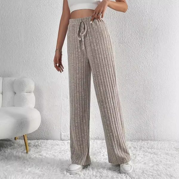 Women Casual Loose Elastic Waist Rib Knitted Sunken Stripe Pants