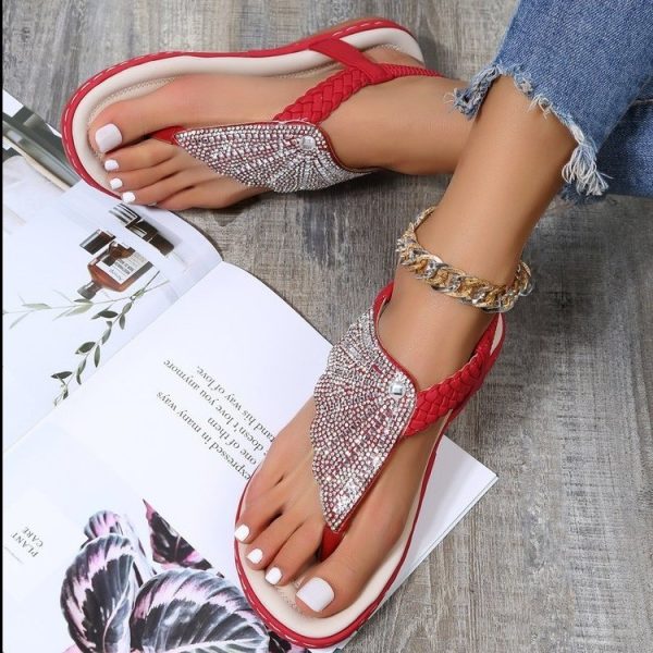 Sweet Rhinestone Flat Sandals with Elastic Band Beach Slippers - Image 2