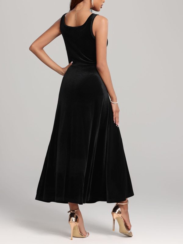 Autumn Winter Mid-Length Sleeveless Little Black Velvet Dress - Image 2