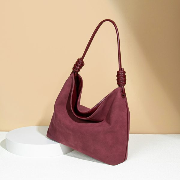 Red Suede Crossbody Tote Bag Retro Light Luxury Bucket Bag - Image 5