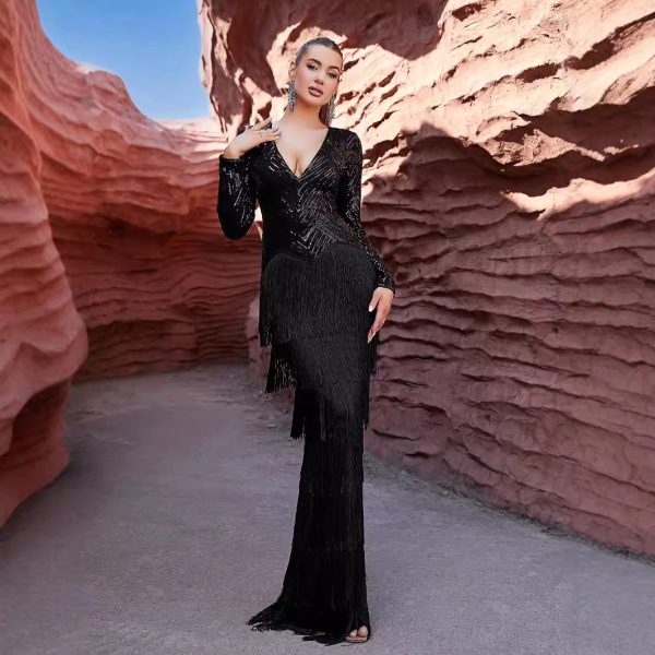 Sexy Long Sleeve Black Tassel Sequin Dinner Dress