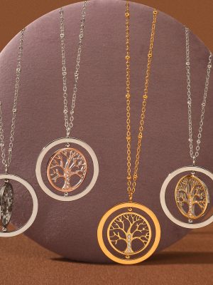 Tree of Life Rotating Diamond 18K Gold Stainless Steel Necklace