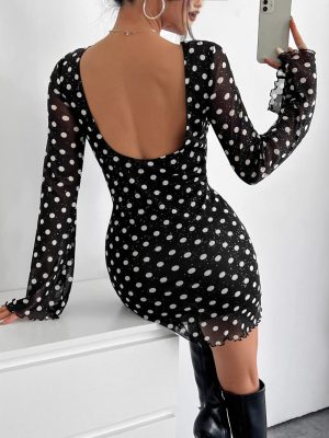 Elegant Mesh Polka Dot Printed Round Neck Backless Long Sleeve Dress