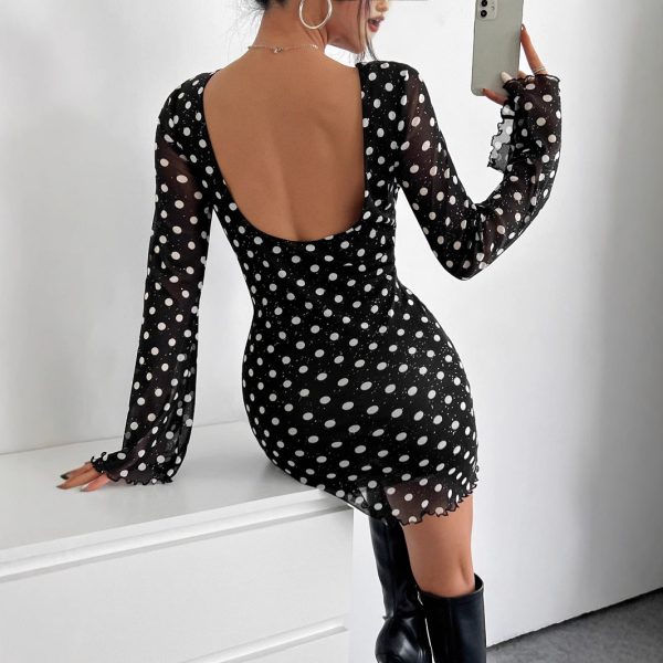 Elegant Mesh Polka Dot Printed Round Neck Backless Long Sleeve Dress