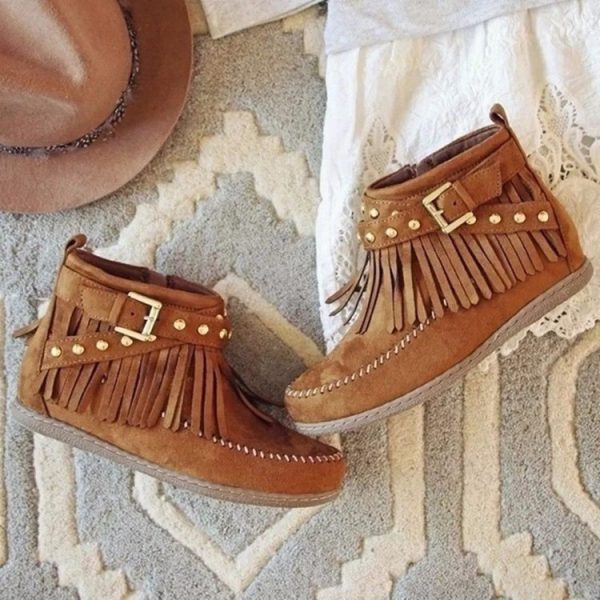 Vintage Suede Tassel Short Boots with Belt Buckle - Image 2