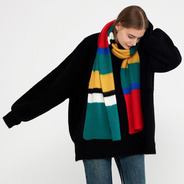 Women’s Contrast Color Knitted Scarf - Winter Korean Patchwork Stripes - Image 2