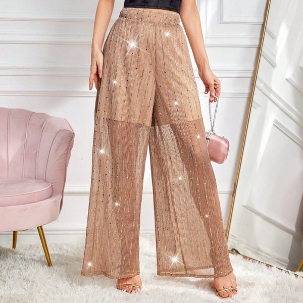 Apricot Sequin Gauze Hollow Out High Waist Wide Leg Pants - Image 3