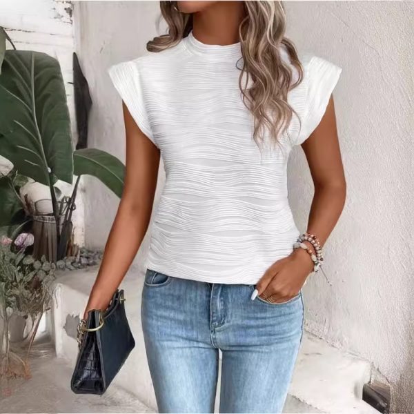 Women’s Summer Half Turtleneck Water Ripple Back Button Short Sleeve T-shirt - Image 3