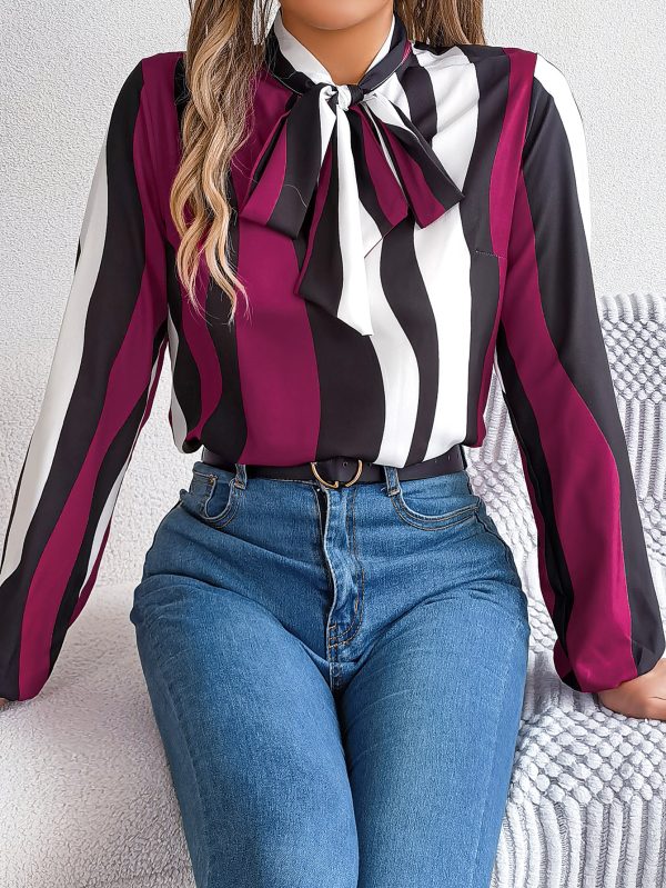 Elegant Contrast Color Striped Lace-Up Lantern Sleeve Chiffon Shirt - Image 3