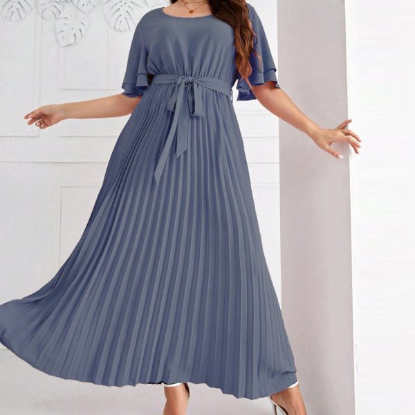 Plus Size Summer Square Collar Lace-Up Swing Pleated Dress - Image 5