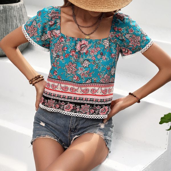 Casual Summer Printed Square Collar Short Sleeve Top