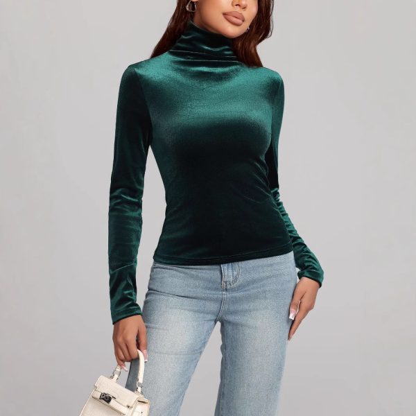 Autumn Gold Velvet Slim Fit High Collar T-Shirt for Women - Image 4