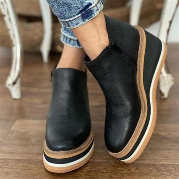 Women's Wedge Heel Leather Ankle Boots with Side Zipper - Image 3