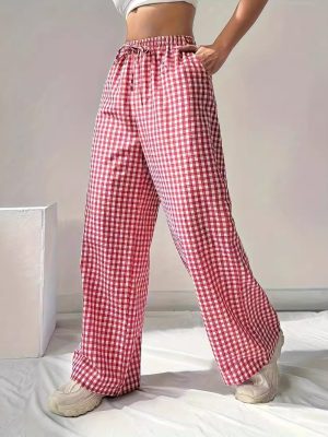 Spring Autumn Loose Fitting Pink Plaid Drawstring Casual Wide Leg Pants