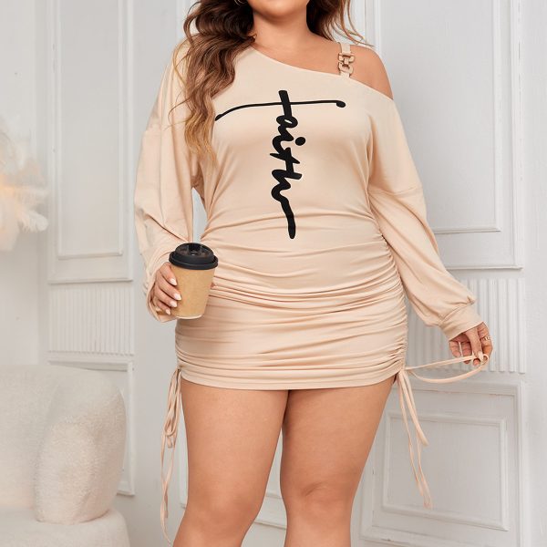 Elegant Plus Size Off-Shoulder Long Sleeve Printed Drawstring Dress