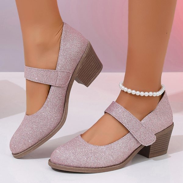 Pink Chunky Heel High Heel Pumps with Velcro Women’s Shoes - Image 2